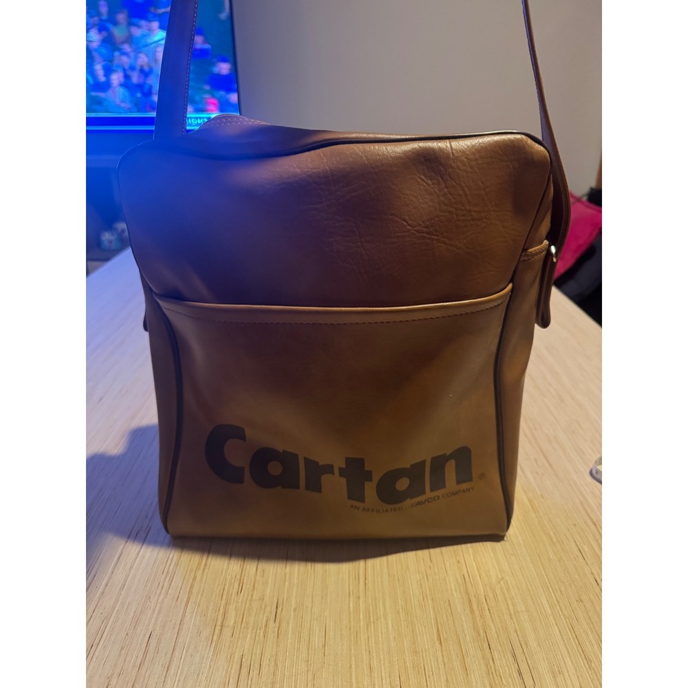 Vintage Cartan Travel vinyl record Bag Tan Brown Faux Leather Shoulder Avco 44